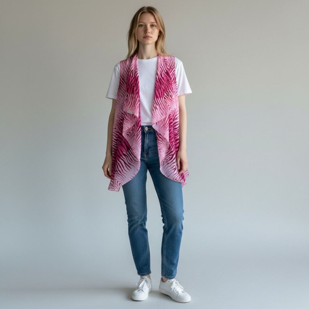 Accents By Lovello Womens Chiffon Open Front Vest One Size Pink Zebra Print NWT